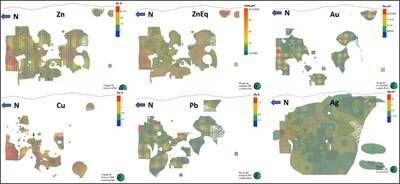 Figure 1.3 Longitudinal section along the mineralized zone (looking east) illustrating the distribution of precious and base metals and a consistent high-grade extension to the NW. (CNW Group/Blue Moon Metals)