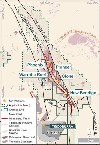 Geology and main prospects of the Tibooburra tenements highlighting the Albert Goldfields at the boundary of the Thomson and Delamarian orogens wrapping around the west side of a cluster of large granite intrusions to the east.