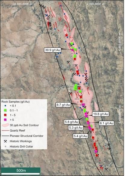 Plan view of quartz reefs with rock chip assays (Novo Resources sampling) at the Pioneer prospect and 30 ppb soil Au anomaly