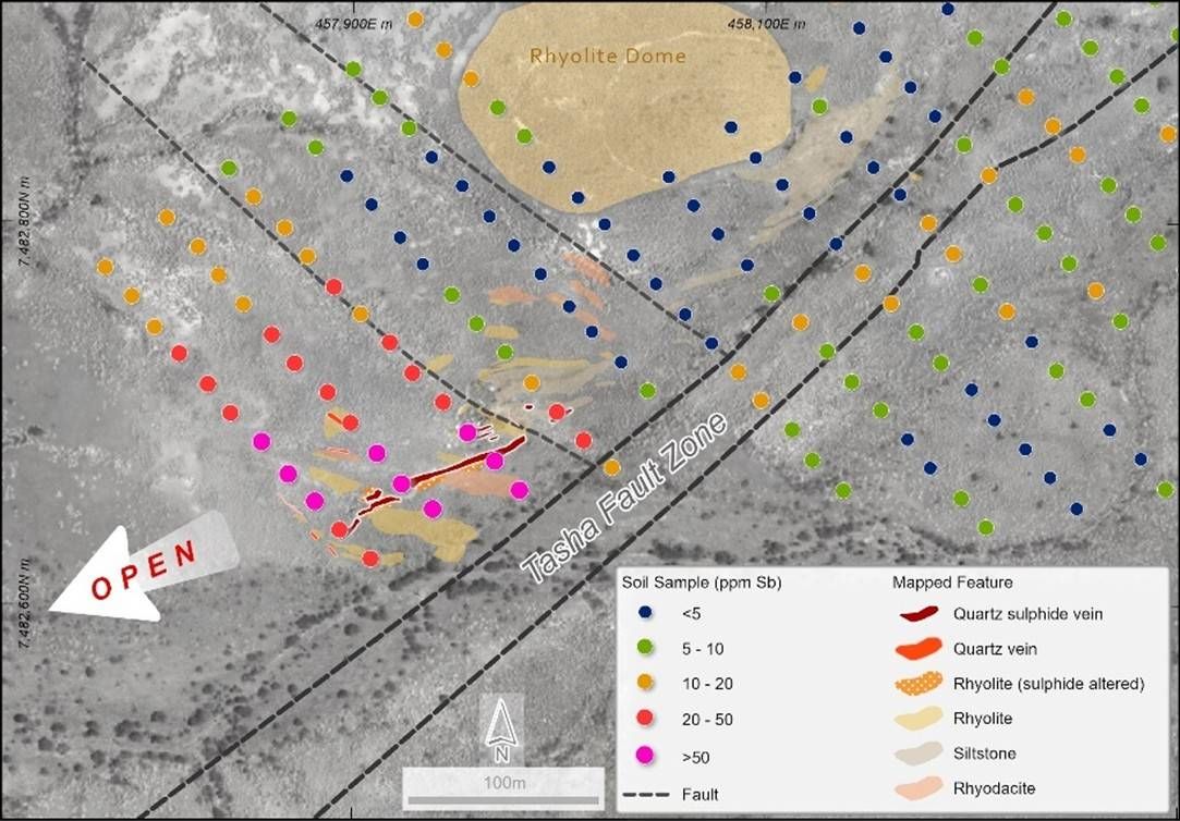 Wyloo SE highlighting geology, soil geochemistry (Sb ppm) and structural setting. Soil anomalies are open under colluvium to the west and alluvium along the Tasha Fault Zone to the east-northeast. The multielement anomalies trend NE to E-W, oblique to the main quartz vein array.