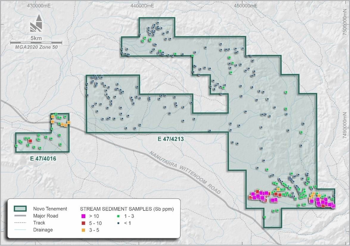 Wyloo tenure showing high order stream sediment antimony anomalies, including recently received data for the SW anomaly