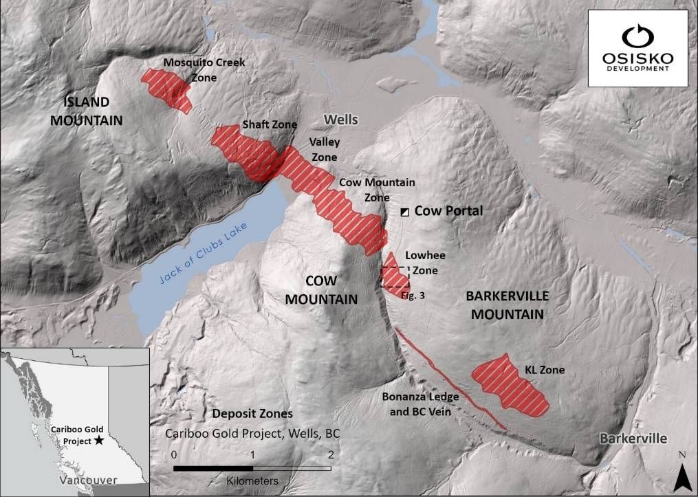 Figure 1: Cariboo Gold Project deposit map with Location of Lowhee Zone and Cow Portal underground access.