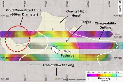 Figure 2 – Resistivity with Gravity High Proximal to the Gold Mineralized Zone. (CNW Group/Black Mammoth Metals Corp)