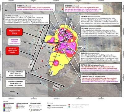 Figure 2. Plan view map of La Verde showing planned and returned drilling compared with updated +0.2% copper (yellow), +0.3% copper (red), +0.4% copper (magenta) mineralisation interpolants. Conceptual open pit shells(1) displayed for $US3.50/lb Cu (blue) and $US6.00/lb Cu (green) displayed as dashed lines. Results reported including CuEq(2). (CNW Group/Hot Chili Limited)