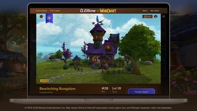 The Zillow for Warcraft experience brings Zillow's familiar home exploration into a fantasy setting. The microsite highlights a mix of player-favorite housing creations and early looks at Blizzard-built homes inspired by iconic Warcraft styles, such as Stormwind townhouses and Horde-influenced bungalows.