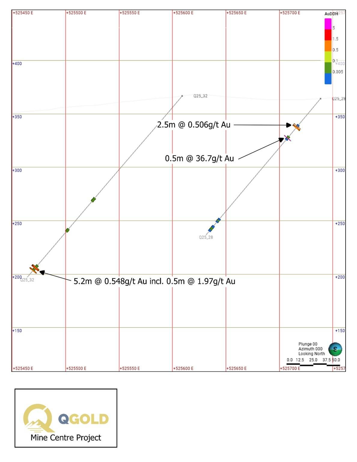 Section of Q25_28 showing the high-grade intersection of 36.7 g/t Au over 0.5m from 48.0m to 48.5m, and Q25_32