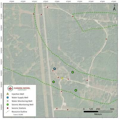 Figure 1. Location of drillholes and stations for the Carbon sequestration test at Crawford. (CNW Group/Canada Nickel Company Inc.)
