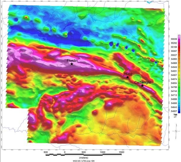 Map of the total magnetic field with the position of the Cartwright, 25-02 stripping and the Flordin deposit