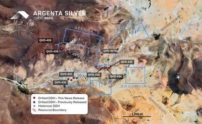 Figure 1. Map displaying the collars of DDH QVD-426, QVD-427A, QVD-428, QVD-431, QVD-432, QVD-433, QVD-434 and QVD-435. (CNW Group/Argenta Silver Corp.)