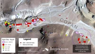 Figure 4. Surface samples at Mani-Copan exploration target. (CNW Group/Argenta Silver Corp.)