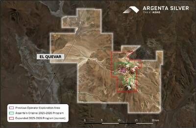 Figure 5. Map displaying the expanded exploration footprint for the upsized 2025-2026 Summer Program at El Quevar. (CNW Group/Argenta Silver Corp.)