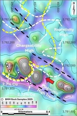 Figure 2 – Reduced to Pole (RTP) Magnetics with Interpreted NW Trending Structures and Overlapping Chargeability High and Resistivity High Dashed Contours. (CNW Group/Black Mammoth Metals Corp)
