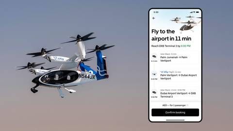 Joby aircraft takes flight over Dubai at the launch of Uber Air powered by Joby, a seamless way for riders to book Joby Aviation's all-electric air taxi directly through the Uber app. Photo credit: Uber