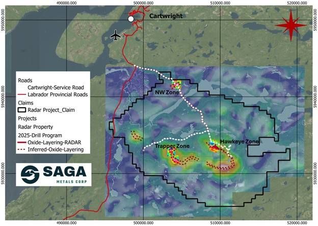 Radar Property map, depicting magnetic anomalies, oxide layering and the site of the 2025 drill programs. The Property is well serviced by road access and is conveniently located near the town of Cartwright, Labrador. A compilation of historical aeromagnetic anomalies is overlaid by ground-based geophysics, as shown.