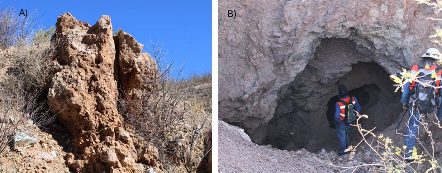 A) Quartz-fluorite vein. B) Old mining works at La Lola.