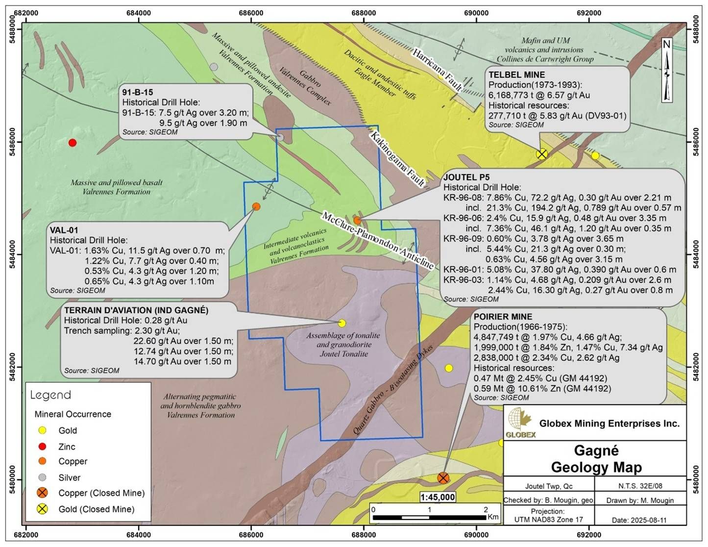 Gagne Property Geology and historic exploration.