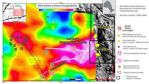 Slice of the 3D chargeability model 50 m below surface showing the new Red Cedar anomaly. Note also likely continuation of Red Cedar IP anomaly eastward onto newly acquired patents.
