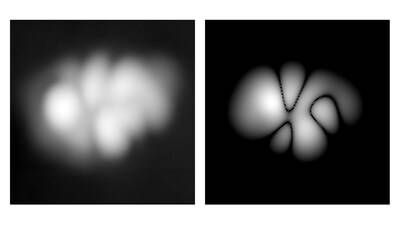 Left, a scanning tunneling microscopy image of the new half-Möbius molecule's electron orbital density; right, a simulated STM image of the molecule's orbital density, which was made using an IBM quantum computer.