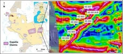 Figure 1. Location map (LHS) and drilling completed at Killero E overlain on magnetic data (RHS). (CNW Group/Capella Minerals Limited) Figure 1. Location map (LHS) and drilling completed at Killero E overlain on magnetic data (RHS). (CNW Group/Capella Minerals Limited)