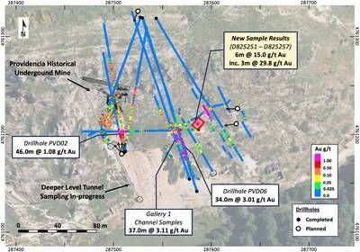 Figure 2 – Providencia target area showing new sample results at surface and previous Pan Global drillholes, channel and trench gold results (CNW Group/Pan Global Resources Inc.) Figure 2 – Providencia target area showing new sample results at surface and previous Pan Global drillholes, channel and trench gold results (CNW Group/Pan Global Resources Inc.)