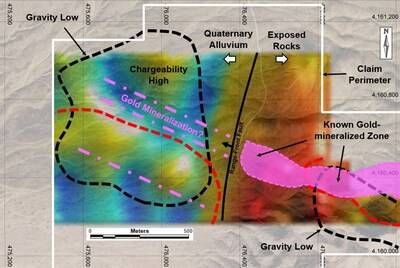 Figure 2 – Chargeability Depth Slice at a Depth of 100-150m with the Projected Gold-Mineralized Zone. (CNW Group/Black Mammoth Metals Corp) Figure 2 – Chargeability Depth Slice at a Depth of 100-150m with the Projected Gold-Mineralized Zone. (CNW Group/Black Mammoth Metals Corp)