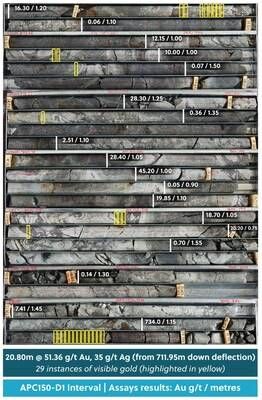 Figure 3: Drill Core Tray Photo Highlighting the Visible Gold Observed Within a Core Section from Drill Hole APC150-D1 (High-Grade Chute 3 in Figure 1) (CNW Group/Collective Mining Ltd.)