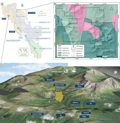 Figure 1: (A) Overview map of Ranch-Lawyers project. (B) Geology map of Ranch East; dashed box shows approximate location of map in Figure 4. (C) Surface map of Ranch; white dashed line shows cross-section location for Figure 3. (CNW Group/Thesis Gold & Silver) Figure 1: (A) Overview map of Ranch-Lawyers project. (B) Geology map of Ranch East; dashed box shows approximate location of map in Figure 4. (C) Surface map of Ranch; white dashed line shows cross-section location for Figure 3. (CNW Group/Thesis Gold & Silver)