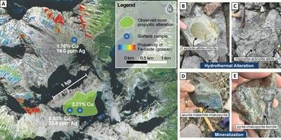 Figure 4: (A) Map of a selected area of interest within Ranch East claim block. (B-E) Samples that were observed within the inner propylitic zone at Ranch East. (CNW Group/Thesis Gold & Silver) Figure 4: (A) Map of a selected area of interest within Ranch East claim block. (B-E) Samples that were observed within the inner propylitic zone at Ranch East. (CNW Group/Thesis Gold & Silver)