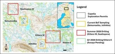 Figure 1. Location of the Seisunselka and Jolhikko Base of Till targets. (CNW Group/Capella Minerals Limited)