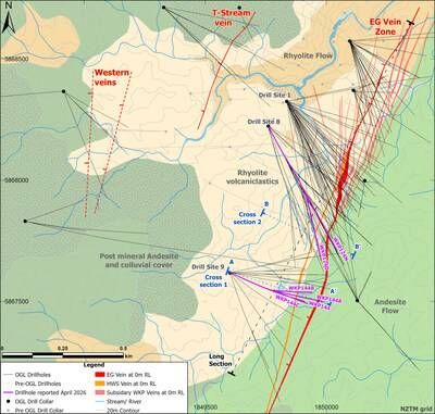 Figure 1: Wharekirauponga plan view of geology and drill traces highlighting the EG Vein zone, T-Stream Vein, and Western Veins, and drill platform locations (CNW Group/OceanaGold Corporation)