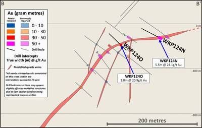 Figure 3: Cross section 2 (looking NE) with results from drill site 8 and EG vein zone interpretation (CNW Group/OceanaGold Corporation)