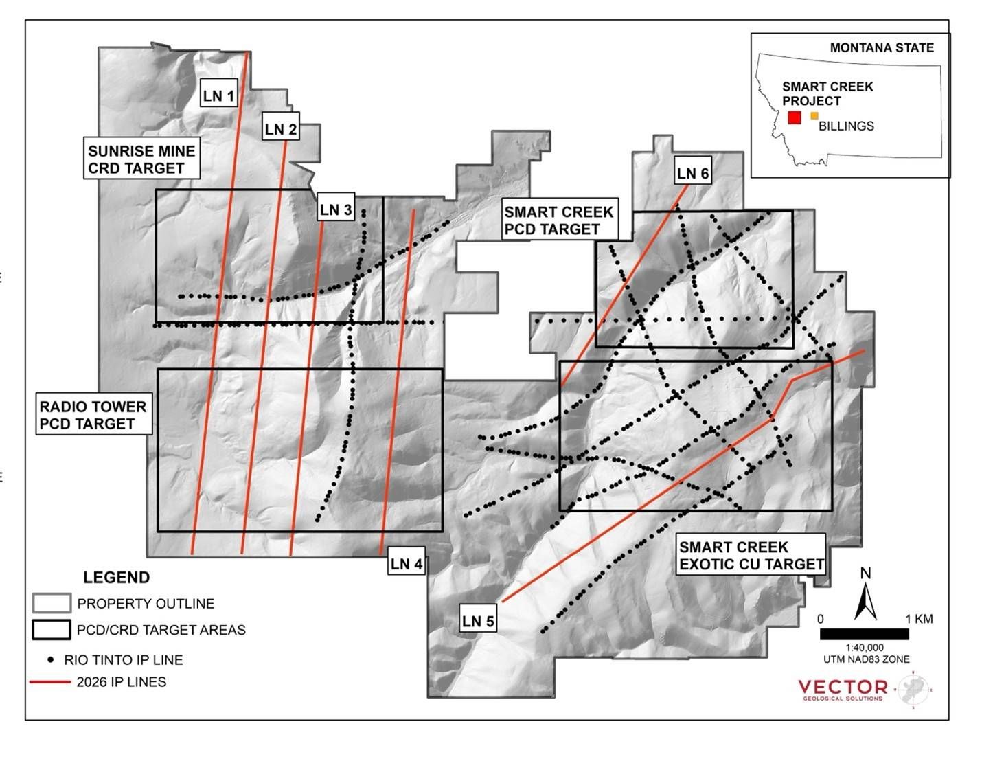 New IP Geophysical lines completed at the Smart Creek Project, Montana. Previous (2021) Rio Tinto line positions also shown.