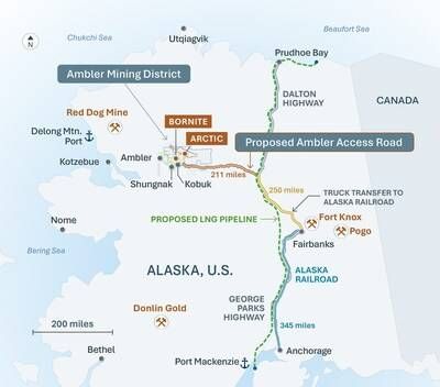 Figure 1: The Ambler Mining District, proposed Ambler Road and proposed LNG pipeline in Alaska. (CNW Group/Trilogy Metals Inc.)