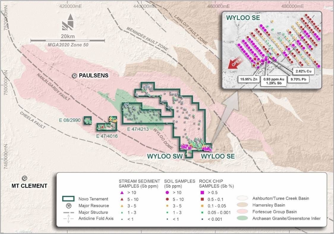 Wyloo tenure showing high order stream sediment antimony anomalies, previously released soil sampling at the SE anomaly (inset) has defined a large antimony anomaly extending under shallow cover to the west(1).