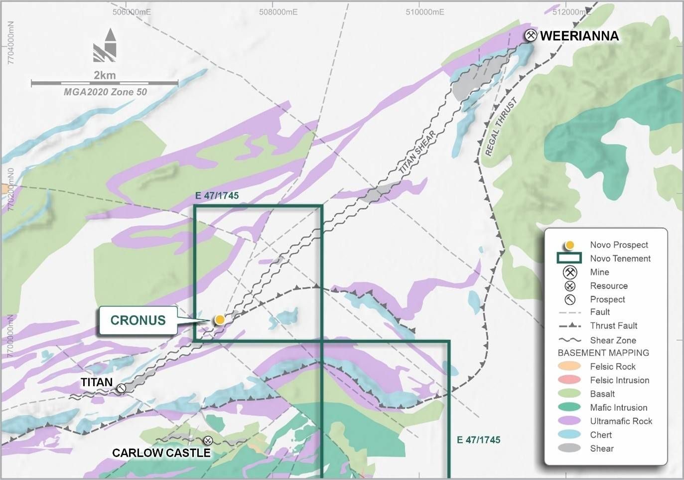 Cronus Gold Prospect tenure showing the regional setting of the Titan shear zone and the Titan and Weerianna deposits.