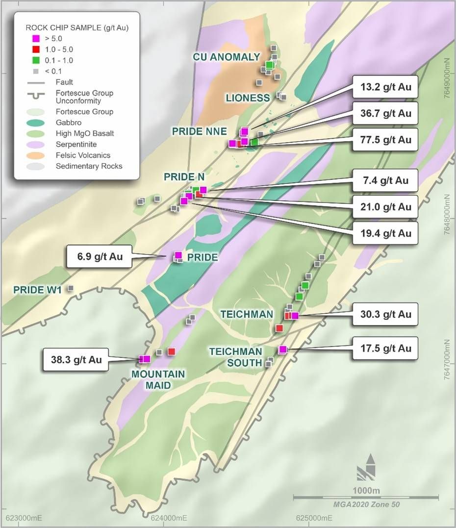 Teichman prospects highlighting Novo rock chip results > 5 g/t Au and geological interpretation with regolith cover(6).