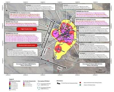 Figure 2. Plan view map of La Verde showing returned diamond drilling compared with updated +0.2% copper (yellow), +0.3% copper (red), +0.4% copper (magenta) mineralisation interpolants. Drilled holes with pending assays are shown in black. Position of A – A' cross section (Figure 3) and B – B' long section (Figure 4) annotated in black. Conceptual open pit shells1 displayed for $US3.50/lb Cu (blue) and $US6.00/lb Cu (green) displayed as dashed lines. Results reported including CuEq2. (CNW Group/Hot Chili Limited)