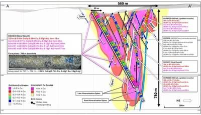 Figure 3. Cross section slice along DKD039 (± 75m clipping) showing +0.2% copper (yellow), +0.3% copper (red), +0.4% copper (magenta) mineralisation interpolants and returned assay results for DKD039, DKP012D, DKD037, DKP009D. Returned Cu grades shown on hole traces. (CNW Group/Hot Chili Limited)