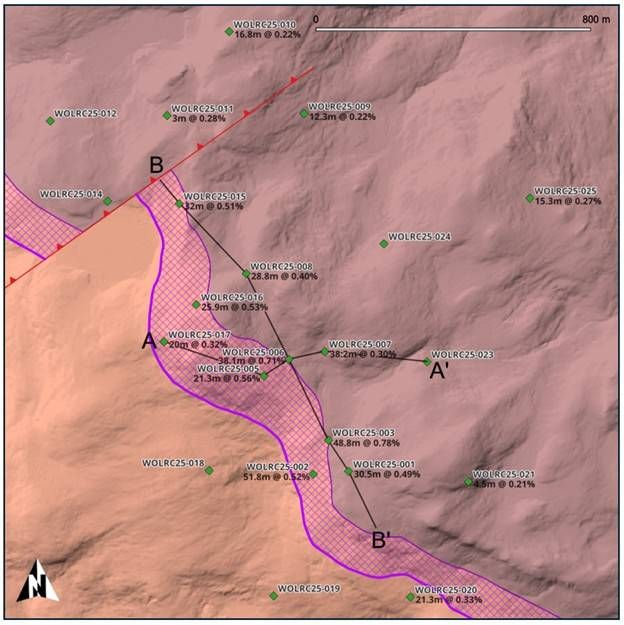 Drillholes are plotted on LiDAR-derived elevation model hillshade with the geologic map colors for Units 4 and 5. The enriched outcrop zone, possible normal fault trace, and cross sections (A-A' and B-B') are indicated. See Figure 2 for the broader geological context.