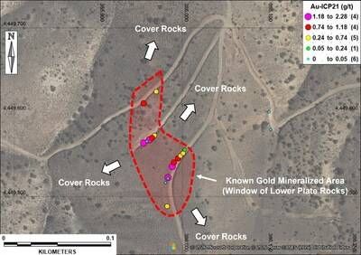 Figure 2 – Erosional Window Showing Black Mammoth Metals' Recent Rock Chip Locations and Gold Assays With Gold Mineralization Covered by Younger Rock Formations Open in all Directions. (CNW Group/Black Mammoth Metals Corp)