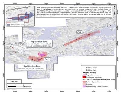Figure 1: Shaakichiuwaanaan Resources and the CV13 Pegmatite (caesium). (CNW Group/PMET Resources Inc.)