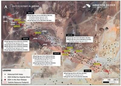 Map of Yaxtche Deposit area displaying the collars of DDH QVD-430, QVD-436, QVD-438, QVD-439, QVD-440, QVD-443, QVD-445, QVD-447, and QVD-449. (CNW Group/Argenta Silver Corp.)