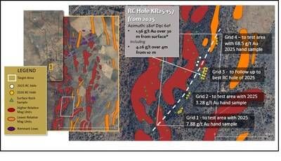 Figure 2: Target A at Kraaipan Project – 20 angled holes were completed during Rotation 1, 2026 RC drilling. (CNW Group/North Arrow Minerals Inc.) Figure 2: Target A at Kraaipan Project – 20 angled holes were completed during Rotation 1, 2026 RC drilling. (CNW Group/North Arrow Minerals Inc.)