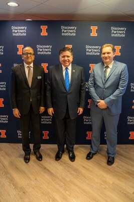 L-R: Rashid Bashir, Vice Chancellor for Chicago Strategic Partnerships, University of Illinois Urbana-Champaign, and Dean, The Grainger College of Engineering; Illinois Governor JB Pritzker; Jay Gambetta, Director of IBM Research and IBM Fellow (Credit: The Grainger College of Engineering, University of Illinois Urbana-Champaign)