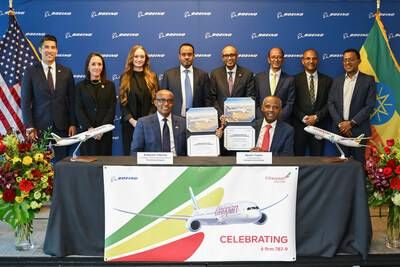 Pictured from left to right at a signing ceremony at Boeing's office in Arlington, Va.: Anbessie Yitbarek, Vice President of Commercial Sales and Marketing for Africa, Boeing; Ato Mesfin Tasew, Group Chief Executive Officer of Ethiopian Airlines; Mr. Hiro Rodriguez, Executive Director of the Advocacy Center at the U.S. Department of Commerce; Ms. Sarah Whitten, Chief Commercial Officer and Head of Origination at the U.S. Export-Import Bank; Ms. Sarah Troutman, U.S. Deputy Assistant Secretary of State; H.E. Ahmed Shide, Minister of Finance of the Federal Democratic Republic of Ethiopia; H.E. Binalf Andualem, Ambassador of the Federal Democratic Republic of Ethiopia to the U.S.; Teklewold Atnafu, Advisor to the Prime Minister of the Federal Democratic Republic of Ethiopia; Mr. Temesgen Getaye, Treasurer of Ethiopian Airlines; Mr. Abraham Tesfaye, Director of Infrastructure Planning and Development, Ethiopian Airlines.