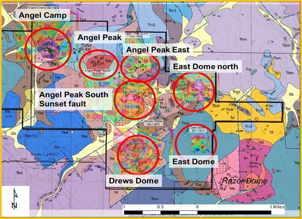 Figure 2. Angel's Camp geochemical target areas.