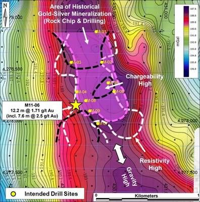 Figure 1 – Gravity Anomaly Coincident with Projected Chargeability and Resistivity Outlines at Depth of 150-250m and Area of Historical Gold-Silver Mineralization with Intended Drill Site Locations. (CNW Group/Black Mammoth Metals Corp)