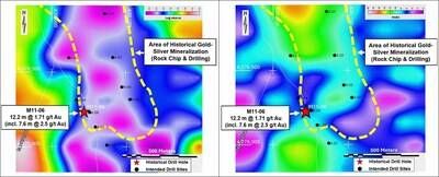 Figure 2 – Resistivity (left image) and Chargeability (right image) Depth Slices at a Depth of 150-250m and Area of Historical Gold-Silver Mineralization with Intended Drill Site Locations. (CNW Group/Black Mammoth Metals Corp)