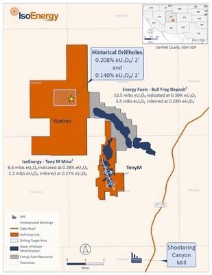 Figure 2: Flatiron drilling target area proximity to the IsoEnergy's Tony M and Energy Fuel's Bullfrog deposits. (CNW Group/IsoEnergy Ltd.)