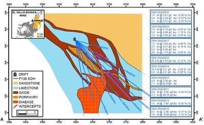 Figure 1. Area 208 longitudinal section A-A' (Infill drilling intercepts (approximate true width)) (CNW Group/Orvana Minerals Corp.)